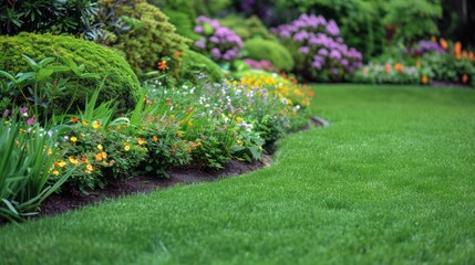 A lush green lawn with a flower garden bordering it