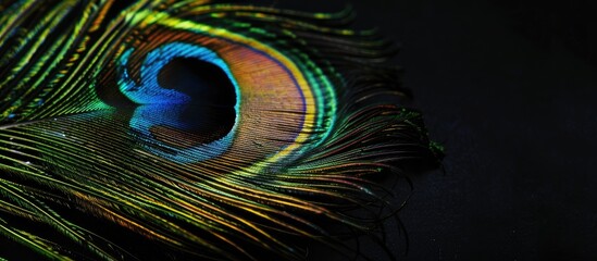 Obraz premium High quality photo of a peacock feather on a black background providing copy space image