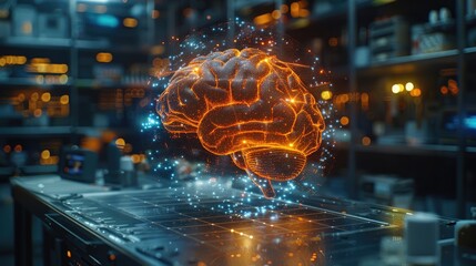 Obraz premium Futuristic glowing brain hologram in a high-tech laboratory, representing artificial intelligence and advanced technology research.