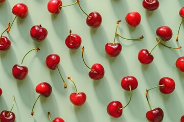 Fresh Red Cherries Pattern on Green Background 