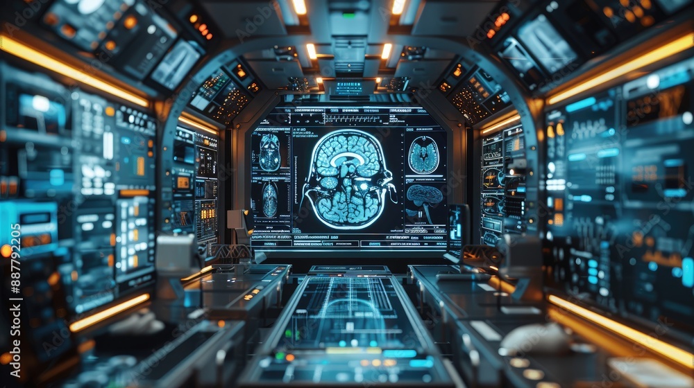 Poster futuristic spaceship cockpit with advanced technology screens and holograms, showcasing digital inte