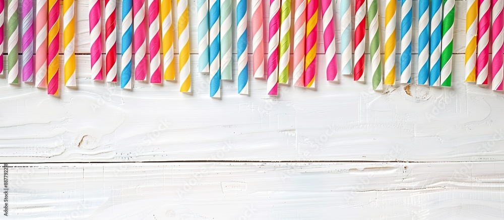 Poster vibrant paper straws for a party displayed on a white wooden backdrop seen from above with copy spac