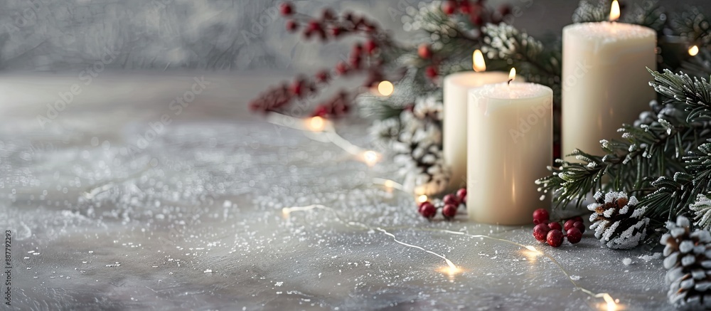 Poster christmas candles creating a lovely scene on a neutral gray backdrop with copy space image
