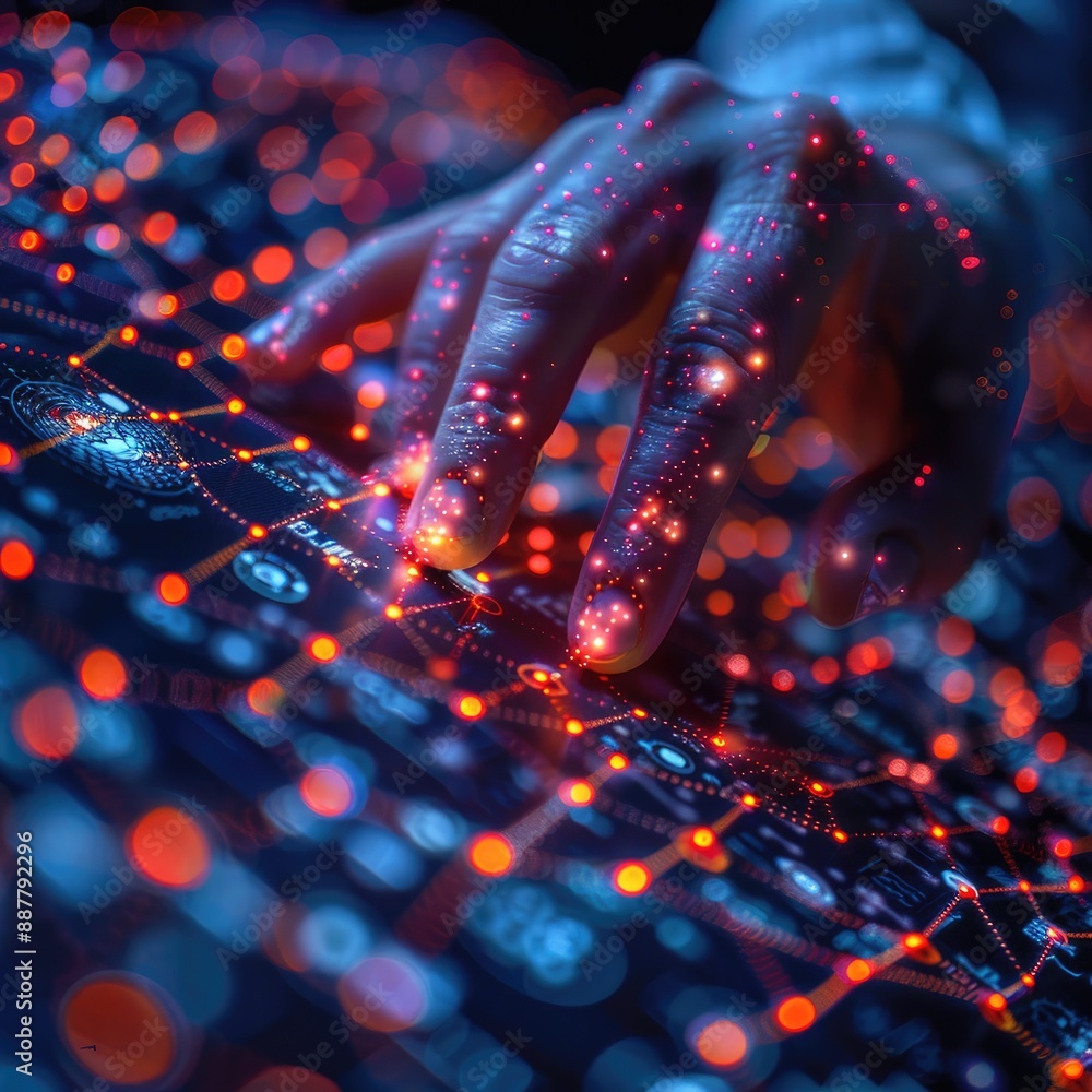 Poster hand interacting with a futuristic digital interface composed of red and blue lights, representing t
