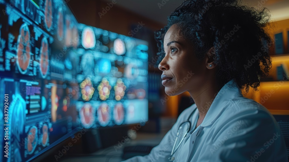 Poster medical professional analyzing brain scans on multiple monitors in a high-tech lab, highlighting mod
