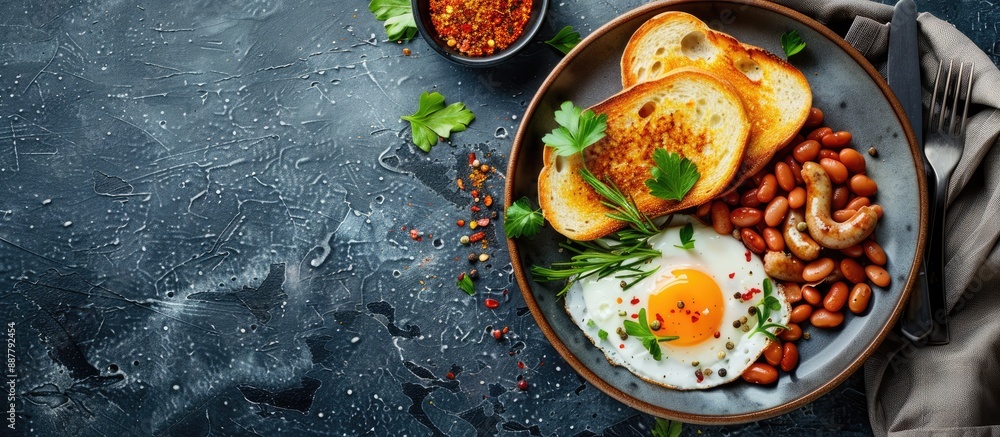 Poster a classic english breakfast with eggs sausages toast beans herbs and spices on a grey ceramic plate 
