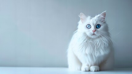 a white cat with blue eyes sitting on a table