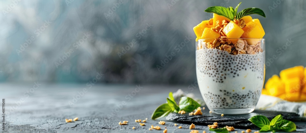 Poster chia seed pudding adorned with mango and granola in a glass ideal for breakfast it s a vegan superfo