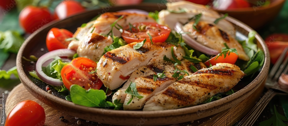 Poster fresh chicken breast salad with a mix of tomatoes onions and lettuce served on a table with a food b