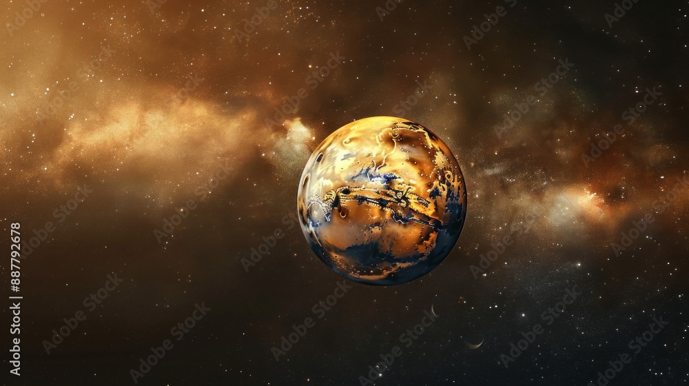 Poster a large planet is floating in space with a lot of stars around it