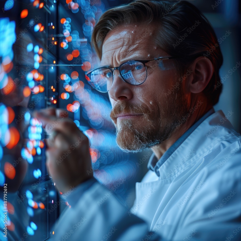 Poster scientist analyzing data on a digital screen, wearing a lab coat and glasses, with colorful lights r