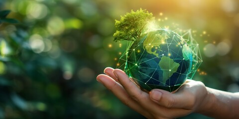 A hand holding a globe with a tree on it. The globe is green and the tree is also green. Concept of taking care of the environment and the importance of preserving nature