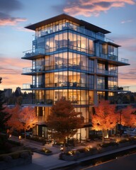 Contemporary office skyscraper showcasing digital screens and touchless entry technology