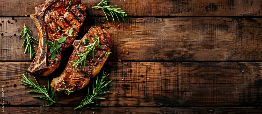 Aufkleber copy space image of a t bone steak grilled to perfection adorned with herbs placed on a wooden backg