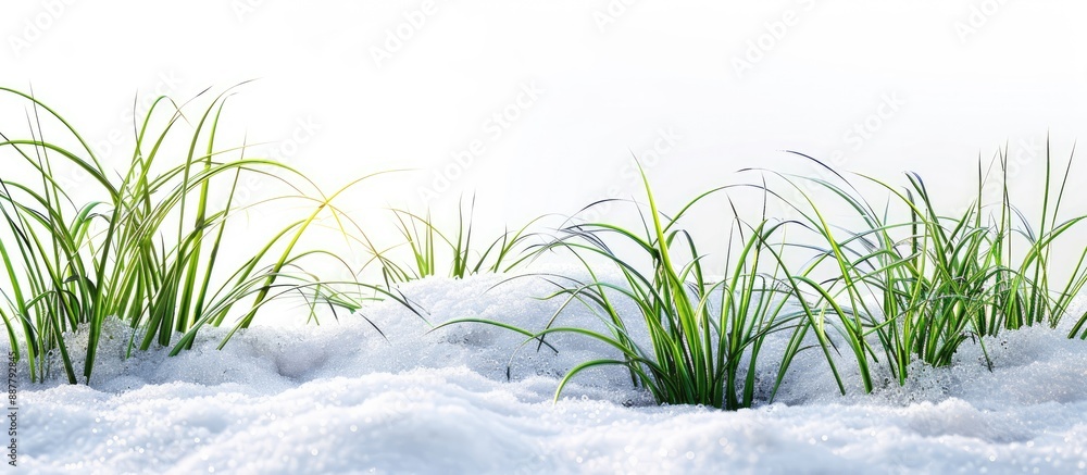 Poster the serene scene features lush green grass emerging gracefully through a blanket of pure white snow 