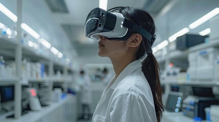 Scientist wearing virtual reality headset in a modern laboratory environment, exploring innovative technology for scientific research.
