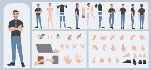 Business man avatar creation suitable for animation. Generator, constructor of diverse views of face, body, hands and leg parts. Male character construction for comfortable fast motion design.