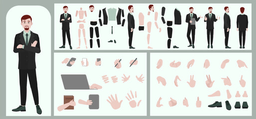 Business man avatar creation suitable for animation. Generator, constructor of diverse views of face, body, hands and leg parts. Male character construction for comfortable fast motion design.