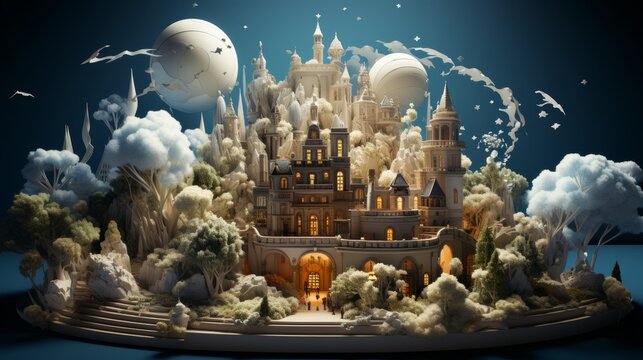 3d book revealing cityscape with glowing blue sky and floating buildings, white clouds emerge