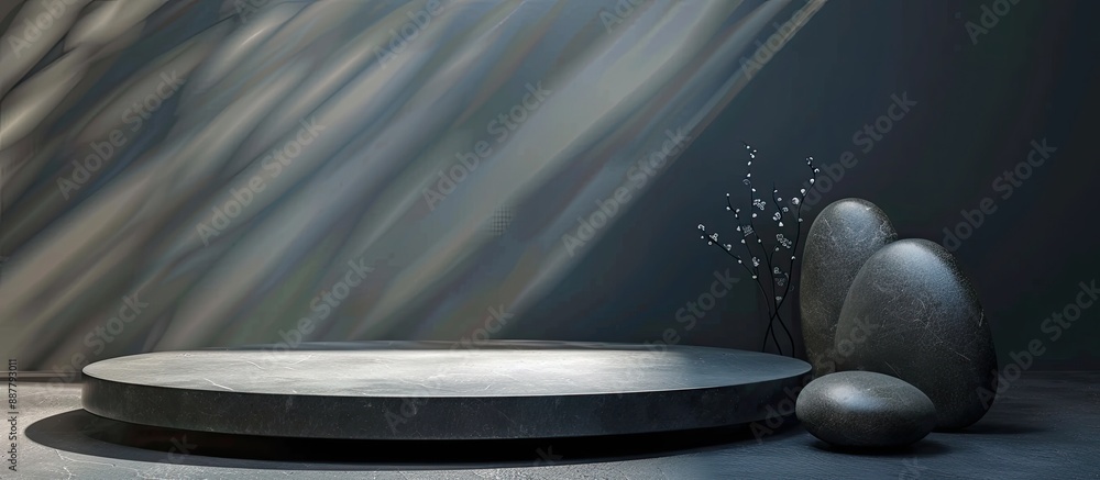 Poster oval podium background with stones shadows and copy space image for showcasing products