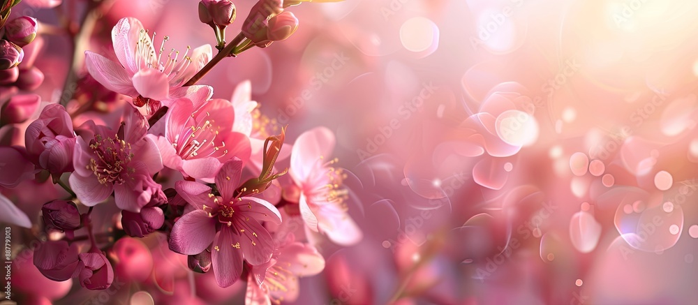Poster A blossoming tree with pink flowers in the spring season with empty space for overlaying pictures. with copy space image. Place for adding text or design