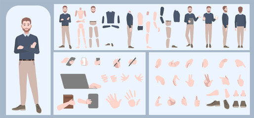 Business man avatar creation suitable for animation. Generator, constructor of diverse views of face, body, hands and leg parts. Male character construction for comfortable fast motion design.