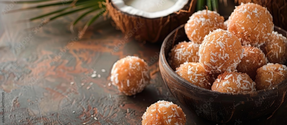Poster regional snack food from burma a coconut treat with a brown sugar coating ideal for creating a tranq
