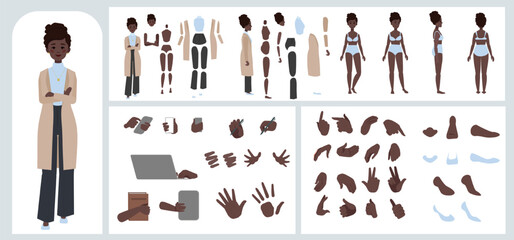 Business woman avatar creation suitable for animation. Generator, constructor of diverse views of face, body, hands and leg parts. Female character construction for comfortable fast motion design.