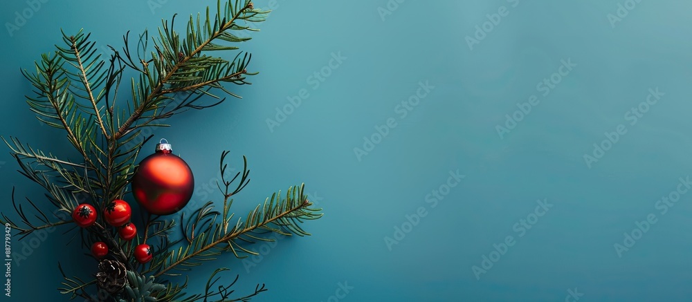Aufkleber christmas ornaments adorn a coniferous branch against a blue background in a serene copy space image