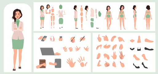 Business woman avatar creation suitable for animation. Generator, constructor of diverse views of face, body, hands and leg parts. Female character construction for comfortable fast motion design.