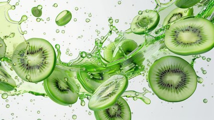 Dynamic Kiwi Slices in Clear Juice with Vibrant Splash on Plain Backdrop - Refreshingly Tangy Fruit Concept, Generative Ai
