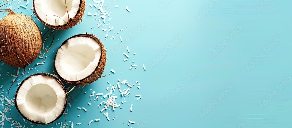 Aufkleber A flat lay setup displaying fresh coconut halves on a blue background with room available for text in the image. with copy space image. Place for adding text or design
