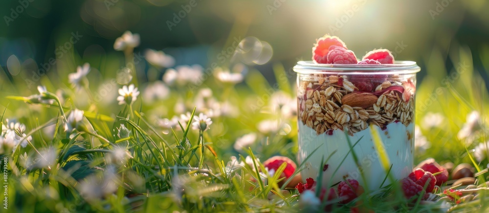 Poster A garden scene featuring a jar of muesli yogurt raspberries and nuts on grass creating a homemade breakfast with healthy eating ideal for a copy space image