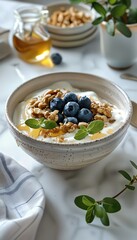 a bowl of yogurt with blueberries and walnuts