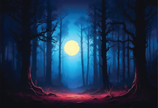 vector illustration of a halloween forest with a full moon in the sky