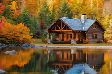 Water reflection of a log cabin the woods