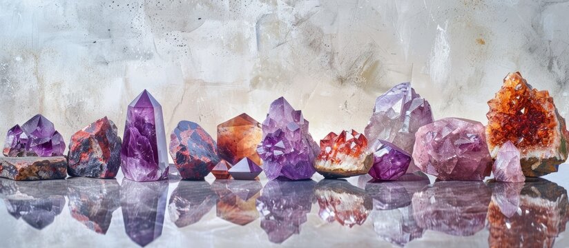 Copy space image showcasing amethyst red crystals gems and mineral crystals in their natural environment displaying the textures of various precious and semiprecious stones on a seamless shiny backgro