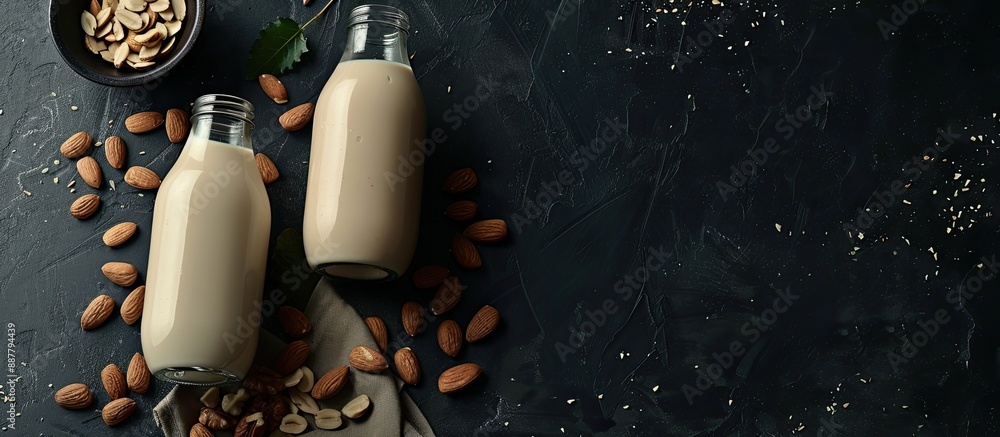 Poster dark black table displaying two bottles of almond milk with nuts a sugar free lactose free vegetaria