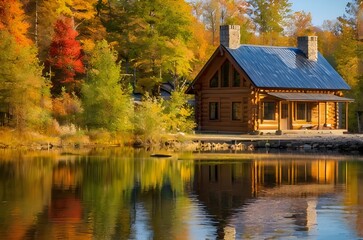 Fototapeta premium Water reflection of a log cabin the woods