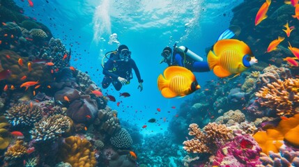 Fototapeta premium Two people are scuba diving in the ocean