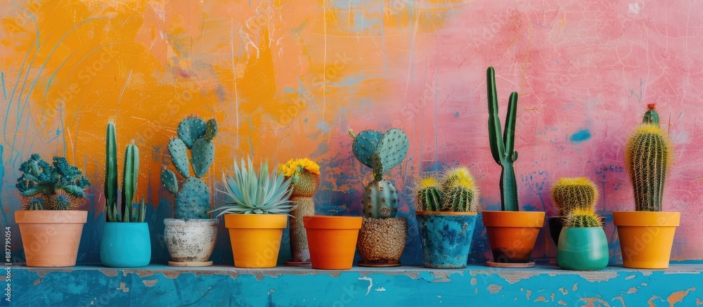 Aufkleber Various potted cacti displayed on a table with a colorful backdrop offering a copy space image for interior decoration