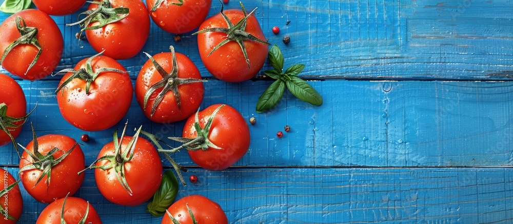 Poster fresh ripe tomatoes large in size arranged on a blue wooden surface ideal for food or healthy diet c