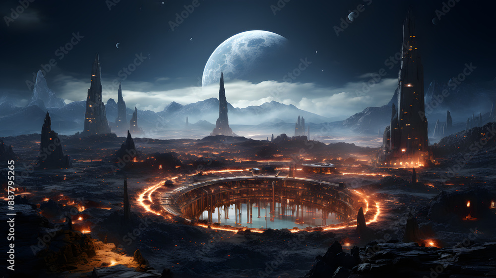 Poster a futuristic city built around a circular body of water on a volcanic planet with towering structure