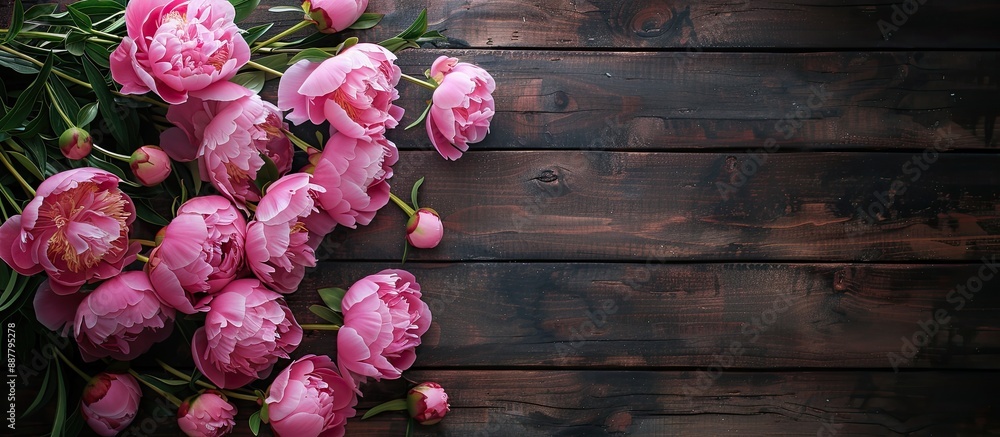 Aufkleber pink peonies displayed on a dark rustic wooden surface from a top down perspective with room for tex