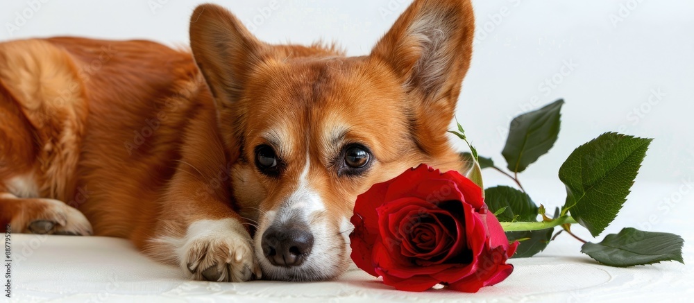 Aufkleber welsh corgi pembroke dog with a red rose in a charming pose on a white background suitable as a post