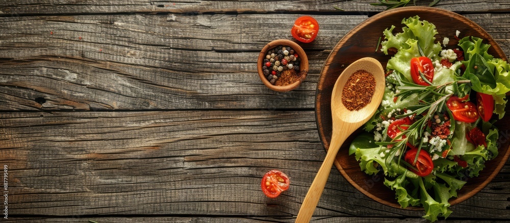 Poster top view of a wooden table showcasing spices on a spoon and a fresh salad providing a rustic setting