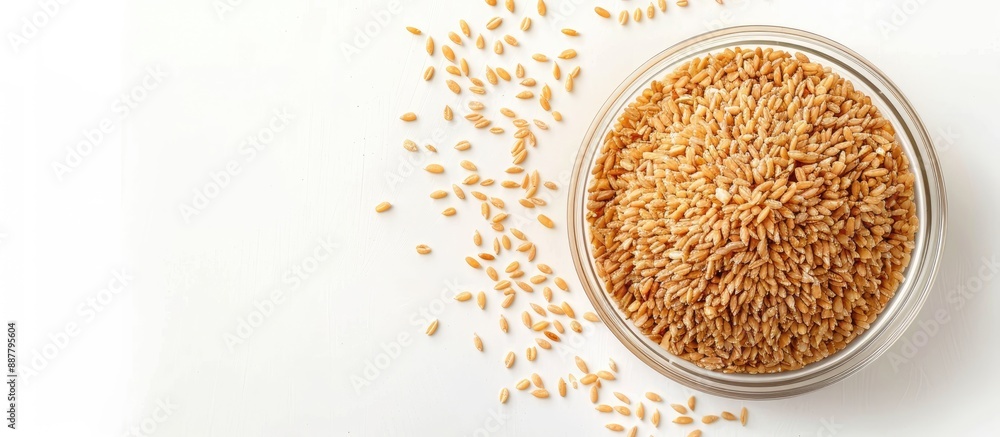 Poster plastic container holding raw bulgur grain a nutritious whole wheat cereal displayed over white back