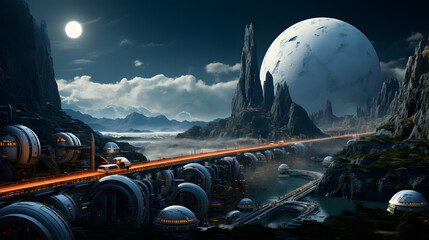 A futuristic highway winds its way through a mountainous alien landscape, passing by a bustling city of advanced technology under the glow of a full moon and a massive, icy planet in the sky.