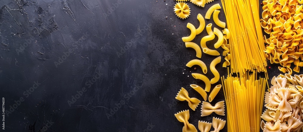 Poster top view of various types of traditional italian pasta like penne tagliatelle fusilli farfalle and s