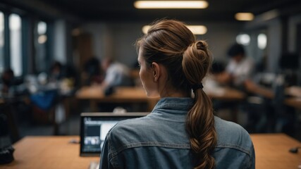 A woman with her hair tied back works on a laptop in a modern office environment, surrounded by colleagues and office equipment.
